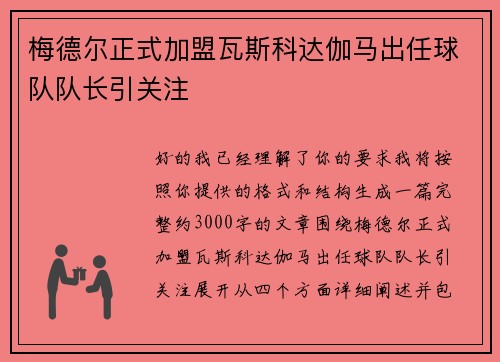 梅德尔正式加盟瓦斯科达伽马出任球队队长引关注