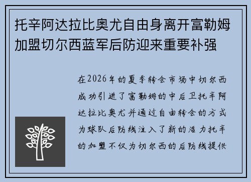 托辛阿达拉比奥尤自由身离开富勒姆加盟切尔西蓝军后防迎来重要补强